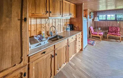a kitchen with wooden cabinets and a sink in a cabin at Beautiful Home In Gol With Kitchen in Gol