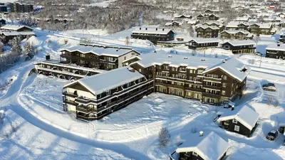 an aerial view of a resort in the snow at Relaxing Retreat With Two Terraces in Beitostøl