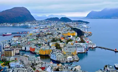 an aerial view of a town in the water at Sunny apartment in Ålesund city in Ålesund