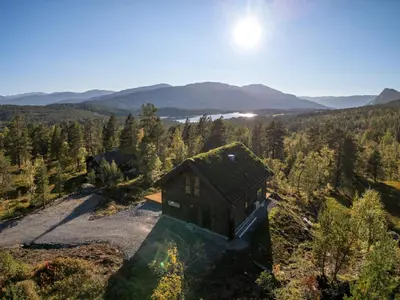 an aerial view of a house in the woods at Stryn Wiew Logde Tverrfjellet in Stryn