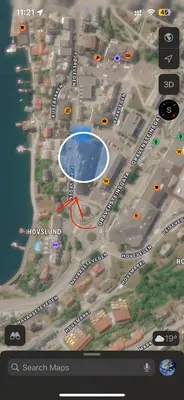 a map of a city with a red arrow at Studio apartment in Sogndal