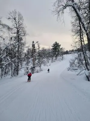 two people are skiing down a snow covered road at Hytte med fjellutsikt til nydelig natur in Sogndal