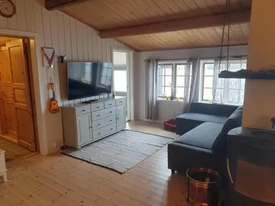 a living room with a blue couch and a tv at Idyllic lakeside cabin with private beach and boat in Vassli