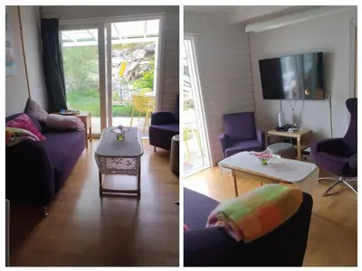 two pictures of a living room with a couch and a tv at Sleep Over in Eiknes