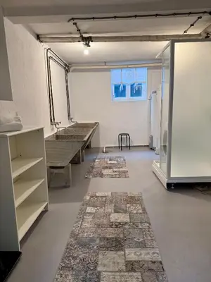 a room with tables and rugs on the floor at Villa Utsikten Eggen in Åndalsnes