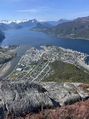 an aerial view of a city and a body of water at Villa Utsikten Romsdalshorn in Åndalsnes