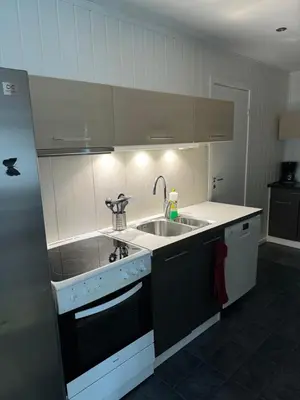 a small kitchen with a sink and a stove at Duży apartament w centrum in Ålesund