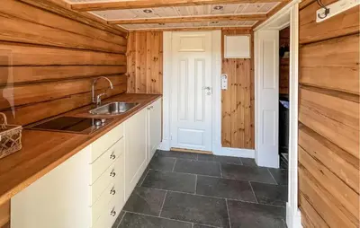 a kitchen with wooden walls and a counter with a sink at Beautiful Home In Øyer With Wifi in Øyer