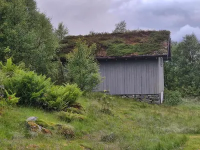 a building with a grass roof on top of a field at Hytta på Kvia, Rognestøyldalen - Sæbø in Sæbø