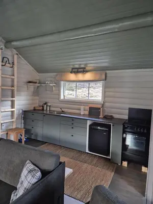 a kitchen with a stove and a couch in a room at Hytta på Kvia, Rognestøyldalen - Sæbø in Sæbø