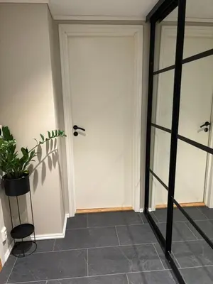 a hallway with white doors and a potted plant at Fin leilighet nært alt in Bergen