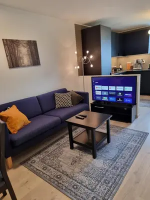 a living room with a blue couch and a coffee table at Eidsvåg in Bergen