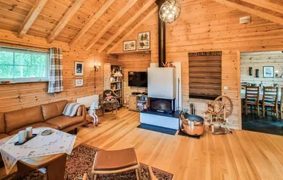 a living room with a couch and a fireplace at 3 Bedroom Stunning Home In Vossestrand in Vossestrand