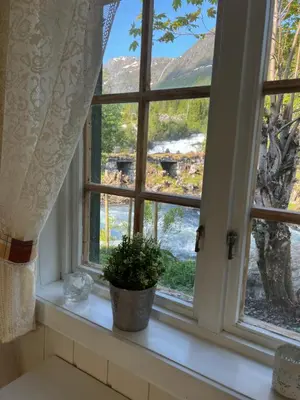 a window with a potted plant sitting on a window sill at Haukedalen mountain panorama river view in Holsen