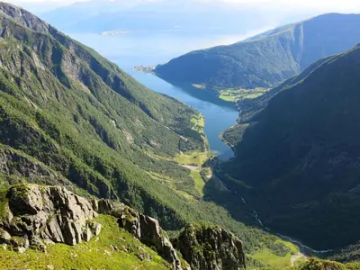 a view of a mountain valley with a lake at Holiday Home Pærehagen by Interhome in Balestrand