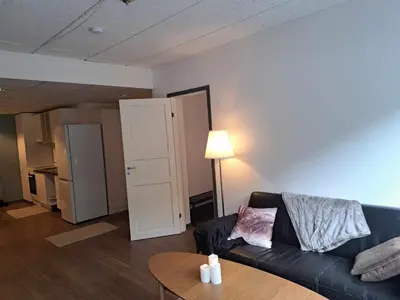 a living room with a couch and a table at Haukeli hotell leilighet in Haukeligrend
