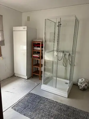 a bathroom with a glass shower in a room at Hytte Elvdal in Nymoen