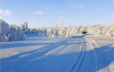 a road covered in snow with snow covered trees at 4 Bedroom Awesome Home In Engerdal in Nymoen