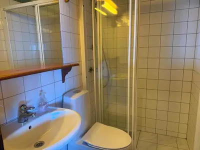 a bathroom with a toilet and a sink and a shower at Central Apartment With 3 Bedrooms And Balcony in Beitostøl