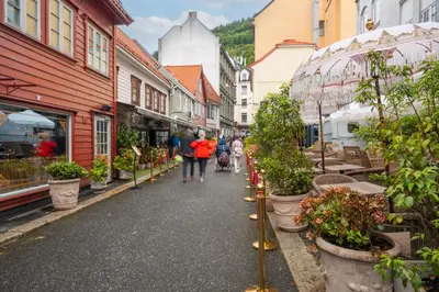 a group of people walking down a street with plants at BUDGETEL- Kong Oscarsgate 44 in Bergen