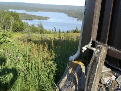 a view of a lake from the side of a building at Hytte på fjellet, med mange turmuligheter ! in Gol