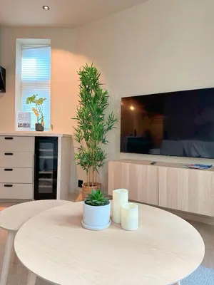 a living room with a table with a potted plant at Bergen City Apartment in Bergen