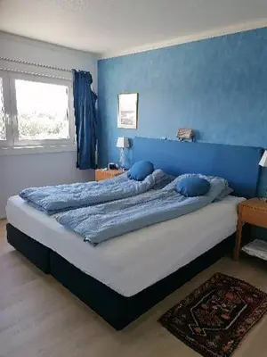 a bedroom with a large bed with a blue wall at Leilighet nær Trondheim in Trondheim