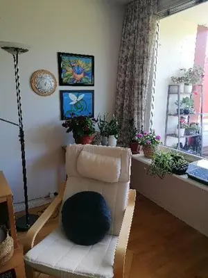 a living room with a chair and a window at Leilighet nær Trondheim in Trondheim