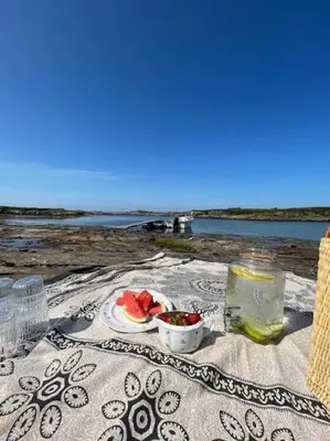 a table with a plate of watermelon and a bowl of fruit at Sjønært småbruk in Bud