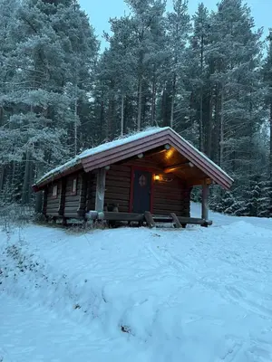 a log cabin in the snow with trees in the background at Skogcamping in Bjørnstad