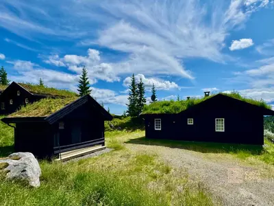 a couple of buildings with a grass roof at Cozy spacious cabin with sauna at Natrudstilen in Ringsaker