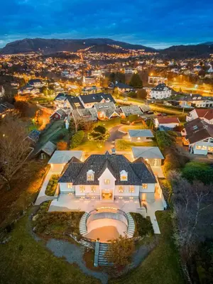 an aerial view of a large estate with a mansion at Hopsneset Luxury Villa in Bergen