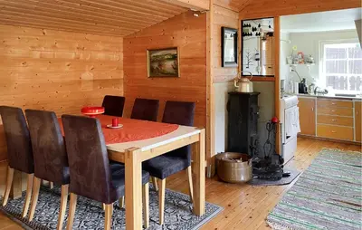 a dining room with a table and chairs and a stove at 2 Bedroom Pet Friendly Home In Haddal in Haddal