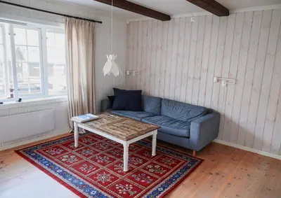 a living room with a blue couch and a coffee table at Lägenhet med utsikt mot Gaustatoppen, ski in ski out in Gaustablikk