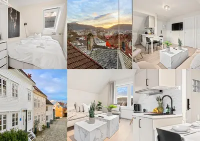 a collage of photos of a bedroom and a living room at View to Bryggen - Renovated dec 24 - Historic cobblestone street in Bergen
