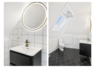 two pictures of a bathroom with a sink and a mirror at View to Bryggen - Renovated dec 24 - Historic cobblestone street in Bergen