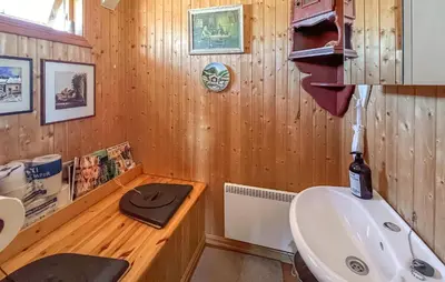a bathroom with a sink and a bottle of wine at 3 Bedroom Lovely Home In Sjusjøen in Sjusjøen
