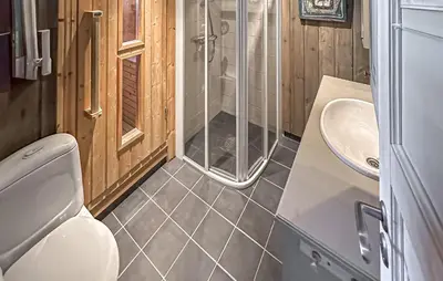 a bathroom with a shower and a toilet and a sink at Stunning Home In Beitostølen With Sauna in Beitostøl