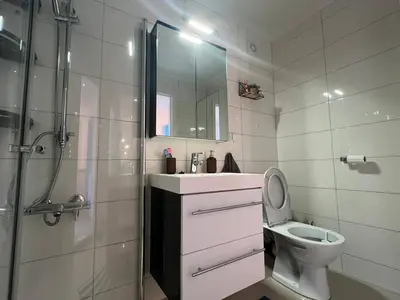 a bathroom with a sink and a toilet and a shower at Cozy Urban Single Room in Ålesund