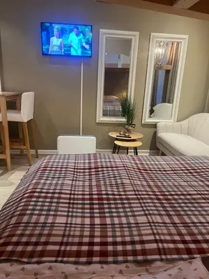 a living room with a bed and a tv on the wall at Ålesund sentrum Parkgata in Ålesund