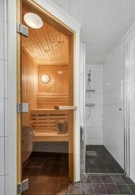 a bathroom with a shower and a toilet in a room at Hytte med sentral beliggenhet in Trysil