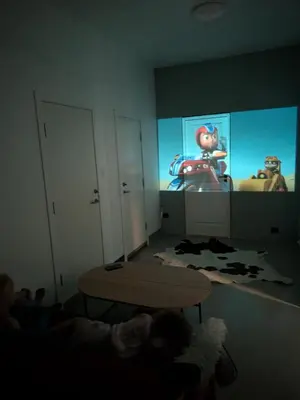 a room with a table and a screen with a dog on it at Liten leilighet midt i sentrum in Stryn