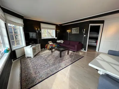a living room with a purple couch and a rug at Cozy apt with a view in Beitostøl
