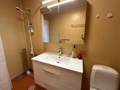a bathroom with a sink and a mirror at Trivelig leilighet med gratis parkering på stedet in Forset