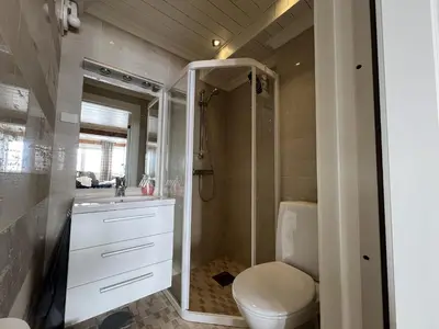 a bathroom with a toilet and a shower and a sink at Cozy Apartment With Stunning Mountain Views in Beitostøl