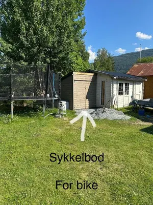 a yard with a xylologist sign in the grass at Koselig Sentrumsleilighet i 2 etg in Nes i Ådal