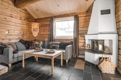 a living room with a couch and a fireplace at Trysilfjellet Nord 356 C in Trysil