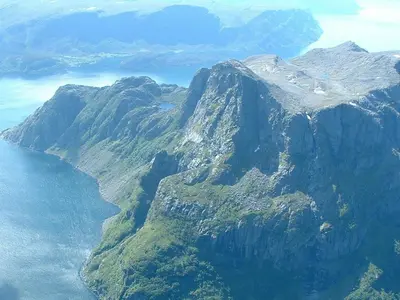an aerial view of a mountain with a body of water at 6 person holiday home in Kalvåg-By Traum in Kalvåg