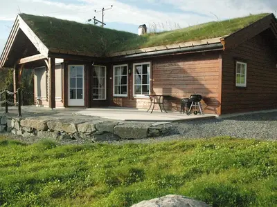 a small house with a grass roof with a patio at 7 person holiday home in Blaksæter-By Traum in Sølberg