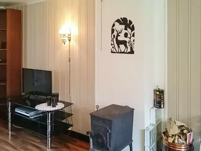 a living room with a stove and a clock on the wall at 6 person holiday home in Øvre Årdal in Øvre Årdal